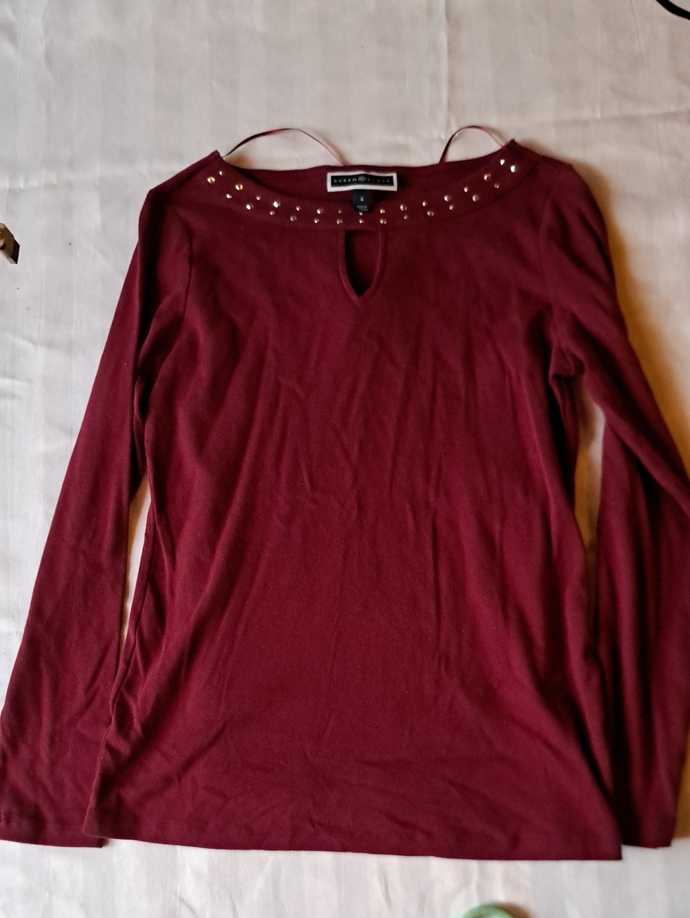 Karen Scott Wine Long-Sleeve Studded Keyhole Top